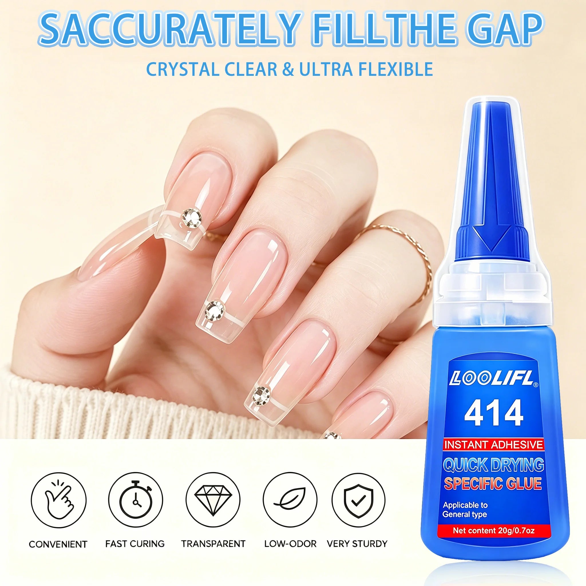 Strong Nail Art Adhesive Glue for Press on Nails False Tips Rhinestone Pearl Metal Chain Decoration, Quick Dry DIY Manicure Glue