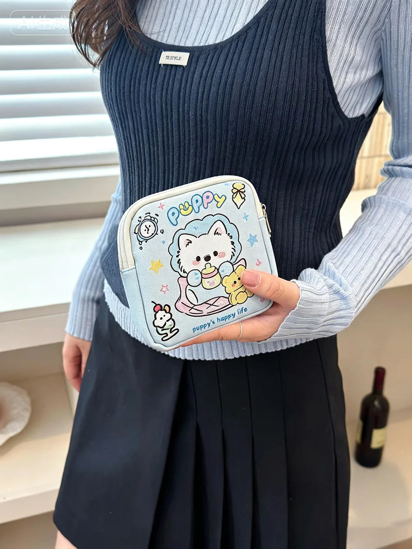 Cute Puppy Print Storage Pouch, Light Blue Handheld Organizer for Cosmetics, Cables, Coins, Travel Must-have