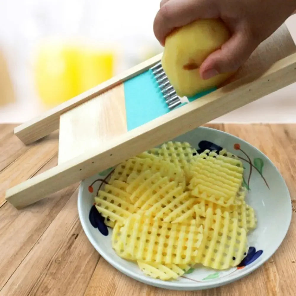3-in-1 Stainless Steel Fries Grid Cutter - Rust-Resistant Potato &Vegetable Slicer with Wooden Base for French Fries&Hash Browns