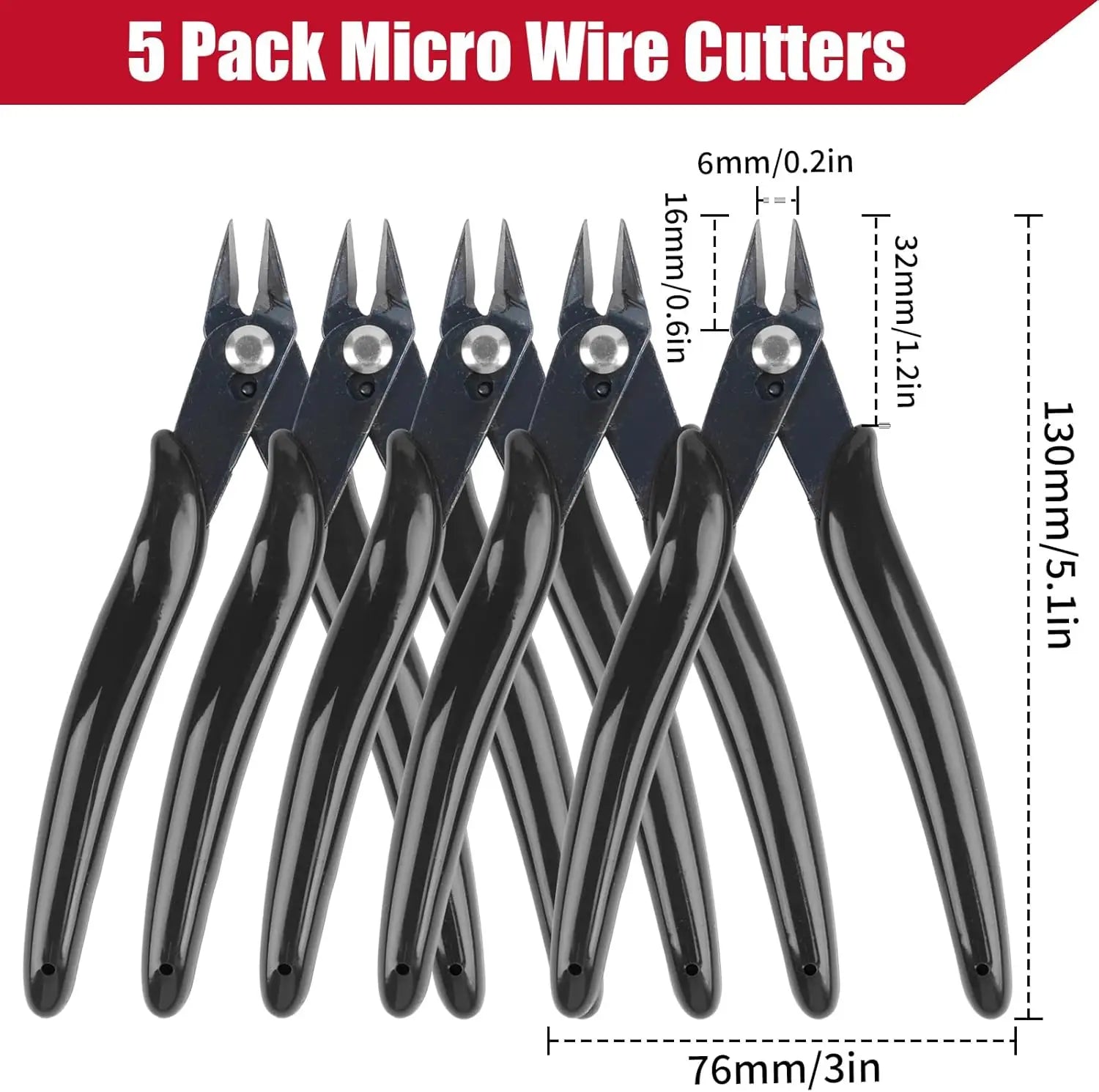 Micro Wire Cutters 5" Flush Pliers, Diagonal Side Nippers for Electronics & Plastic Models (Black)