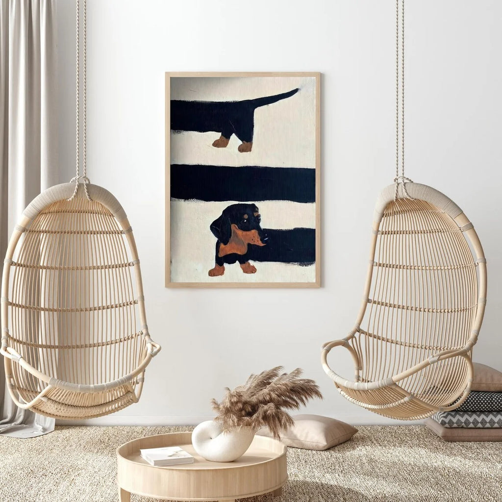 Playful Mid-Century Dog Wall Art - Textured Impasto Print of Curious Dachshunds, Blending Clean Geometric Lines with Warm Earth