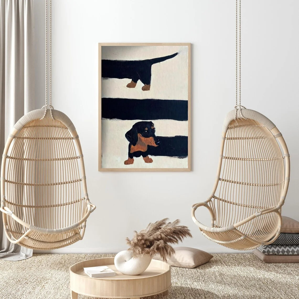 Playful Mid-Century Dog Wall Art - Textured Impasto Print of Curious Dachshunds, Blending Clean Geometric Lines with Warm Earth