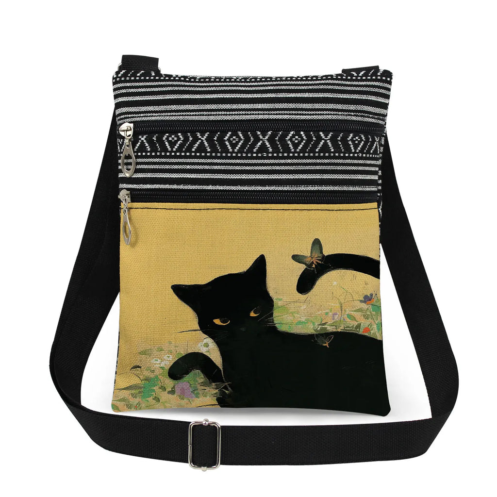 Cute Cartoon Black Cat Print Crossbody Bags Shoulder Bags For Women Daily Travel Portable Small Messenger Bags Catkeeper Gift