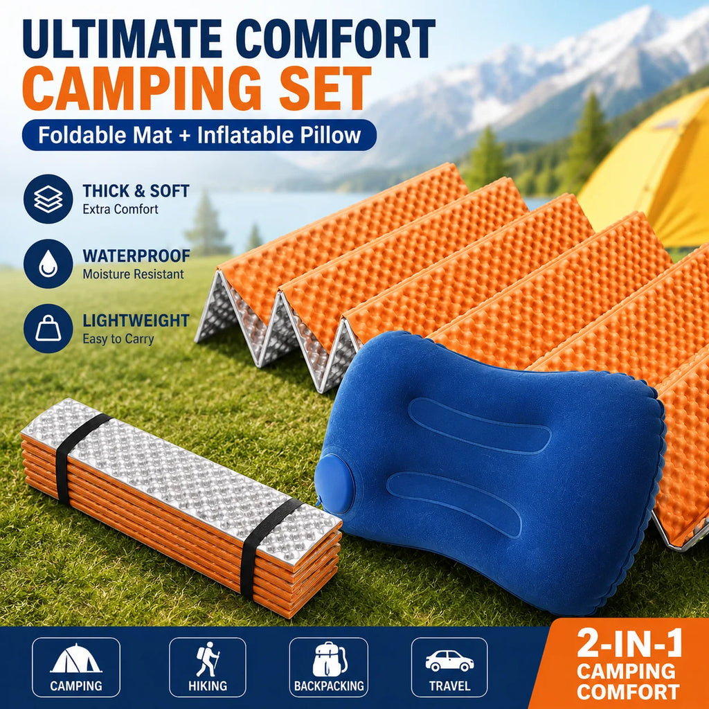 Camping Sleeping Pad with Inflatable Pillow 1Set Aluminum Foil IXPE Egg Crate Foldable Insulated Mat for Hiking Backpacking Tent