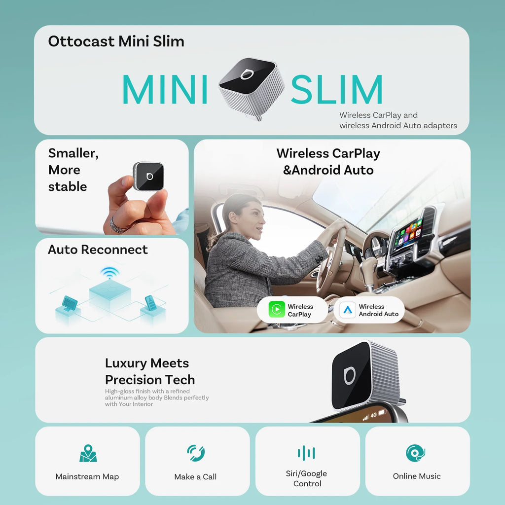 Ottocast 3.0 Mini Slim Wireless CarPlay Adapter Android Auto Dongle Plug Play Bluetooth 5.0 Wifi Auto Connect for 98% of Cars