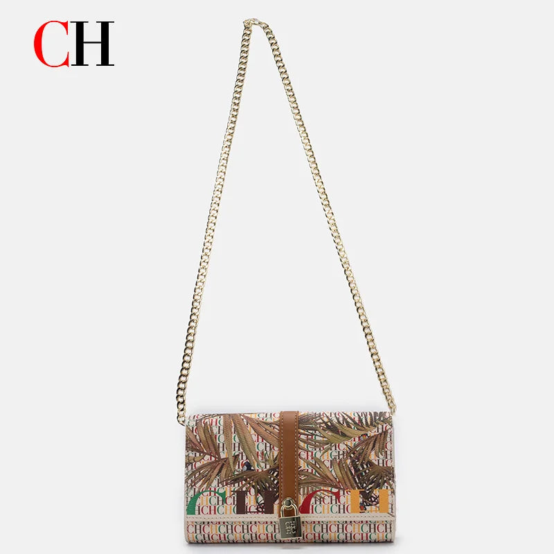 CH Ladies Shoulder Handbag Allover Camouflage Print Metal Chain Crossbody Purse Lock Closure Flap Female Evening Clutch Bag