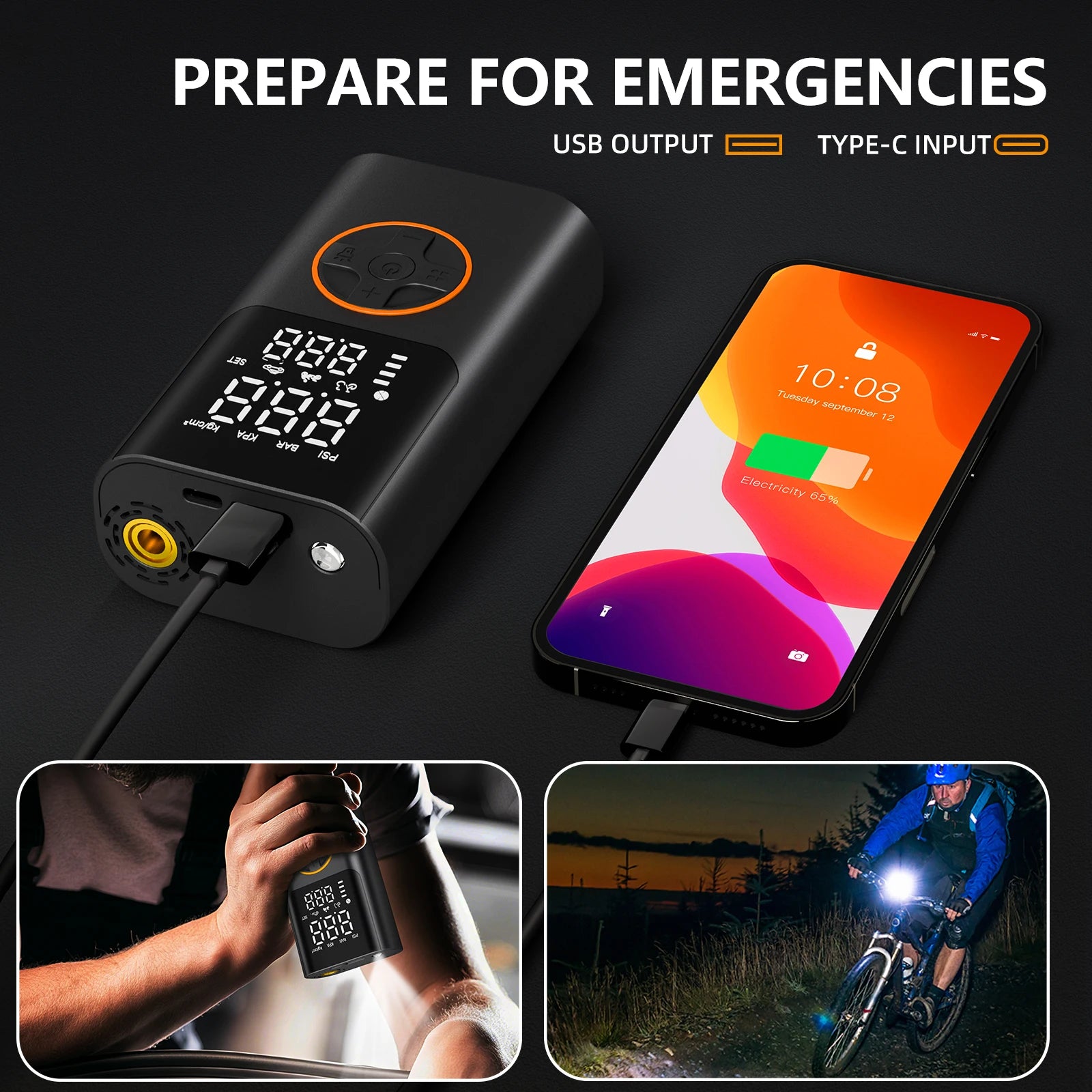 Portable Air Pump Set with Power Bank, 150PSI Tire Inflator Kit for Car SUV Motorcycle Bike, LED Light & Storage Bag for Camping