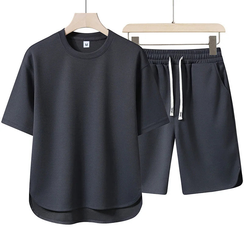2026 Summer New Men Suit Round Neck Short Sleeve T-shirt+shorts Two Piece Set Loose Outdoor Sports Casual Solid Color Tracksuit