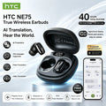 HTC NE75 Bluetooth Earphones Long Battery Soft Wireless Headphones AI translator Earbud 135 Language Low Latency Battery Display