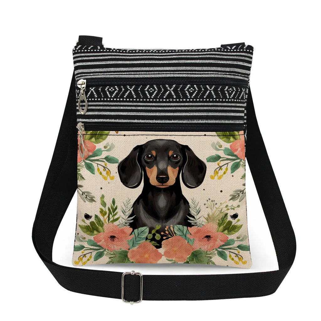 Cute Dachshund Print Crossbody Bag Female Floral Animal Shoulder Bags Fashion Outdoor Portable Double Zipper Lady Messenger Bag