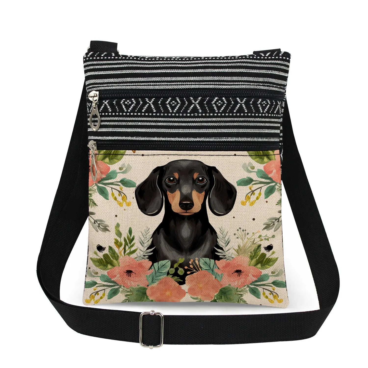 Cute Dachshund Print Crossbody Bag Female Floral Animal Shoulder Bags Fashion Outdoor Portable Double Zipper Lady Messenger Bag