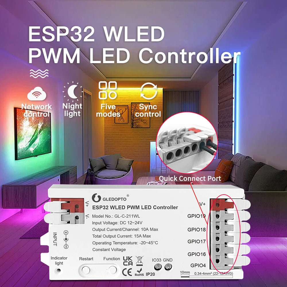 5GLEDOPTO ESP32 PWM WLED Dynamic LED Controller 5 in 1 DC12-24V WIFI App Control for RGBCCT RGBW RGB CCT DM WS2811/2B/3/5 Strip
