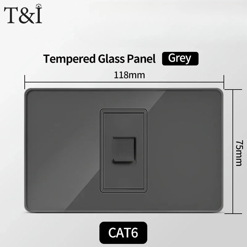 118*75mm Tempered Glass Socket US Wall Socket Grey Thai USB Socket Plug with Dual USB Type-C Ports,Light Switch 110V