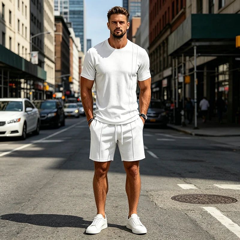 2026 New Men Waffle Knit 2 Piece Outfit Round Neck Short Sleeve Tee Drawstring Shorts Summer Casual Matching Set