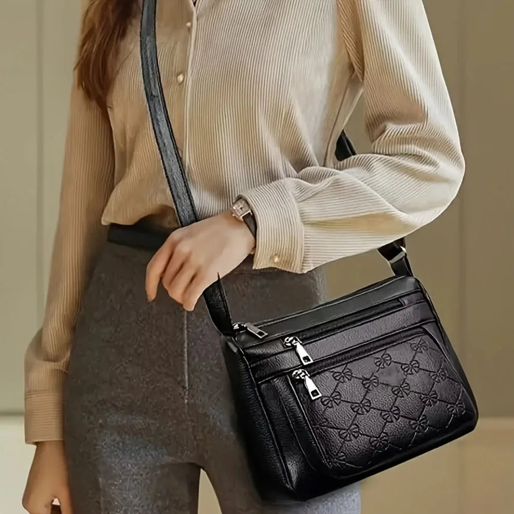 Women Crossbody Fashion Pu Leather Large Capacity Multi-Pocket Mom Bag Black Embossed Outing Party Shoulder Bag