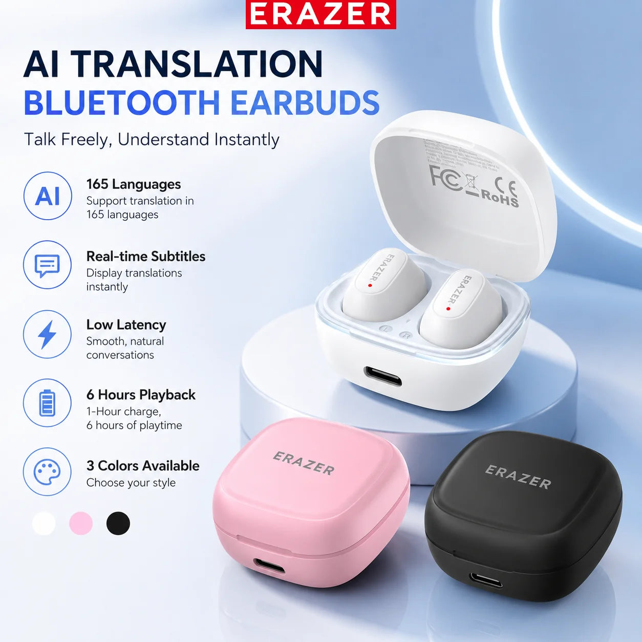 Erazer XF65 Bluetooth Earphones 135 Language AI translator Earbuds Low Latency Lanyard Long Battery Soft Wireless Headphones