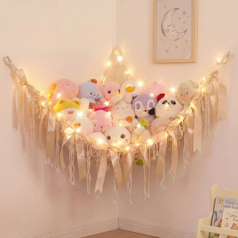 Large Toy Hammock Net Organizer Bohemian Tassel Bow Stuffed Animal Hammocks Wall Corner Hanging Storage Mesh Home Decoration