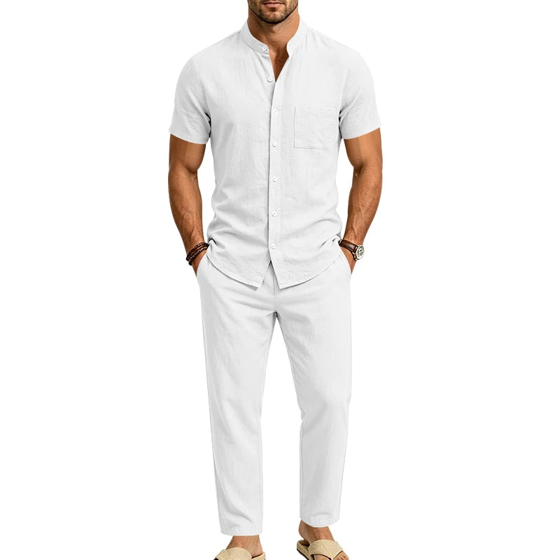 Men's Linen Popular Breathable Simple Two-Piece Set, Stand Collar Short-Sleeve Shirt with Straight-Leg Casual Pants