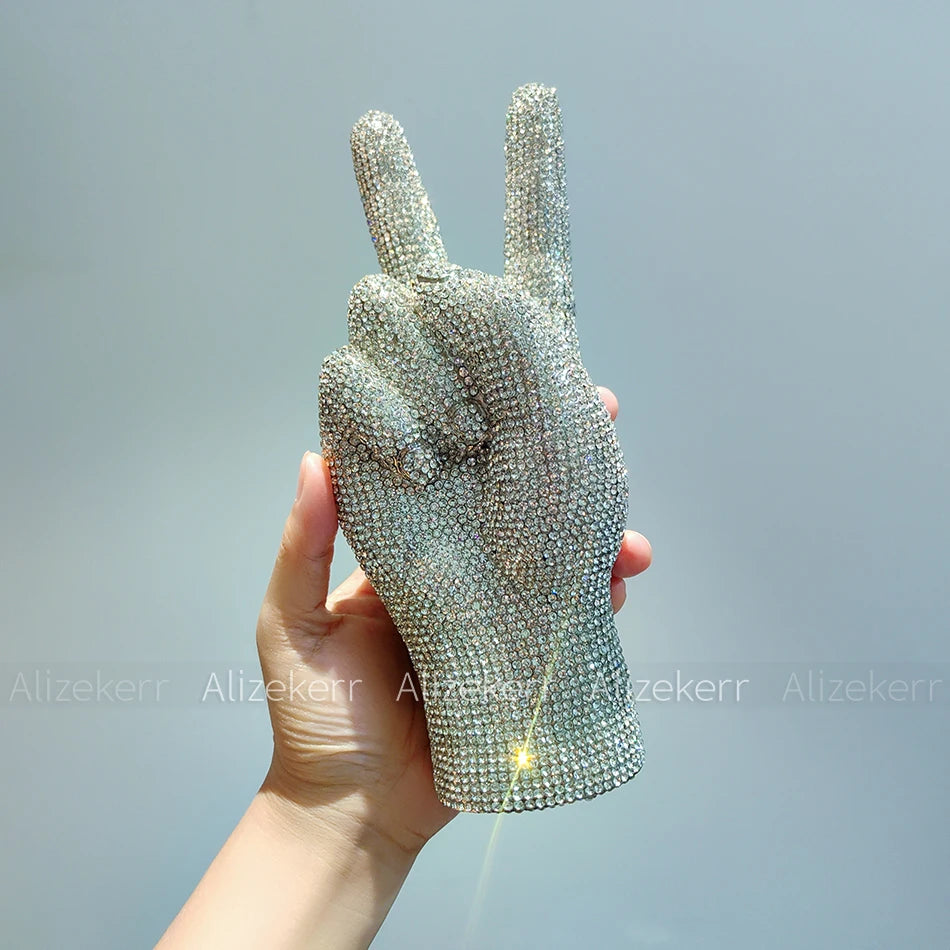 Alizekerr Victory Hand Shaped Diamond Evening Bags Women New Luxury Designer Unique Stylish Rhinestone Purses And Handbags Party