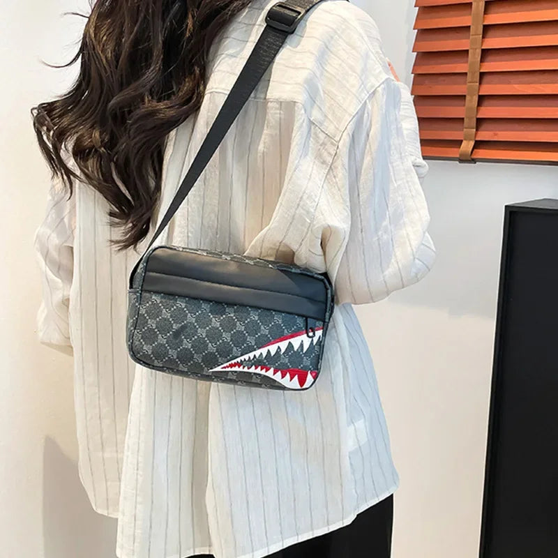 Trendy Shark Mouth Small Square Bag Men Women  Retro Printed Single Shoulder Crossbody Bag Street Hip Hop Leisure Small Bag New