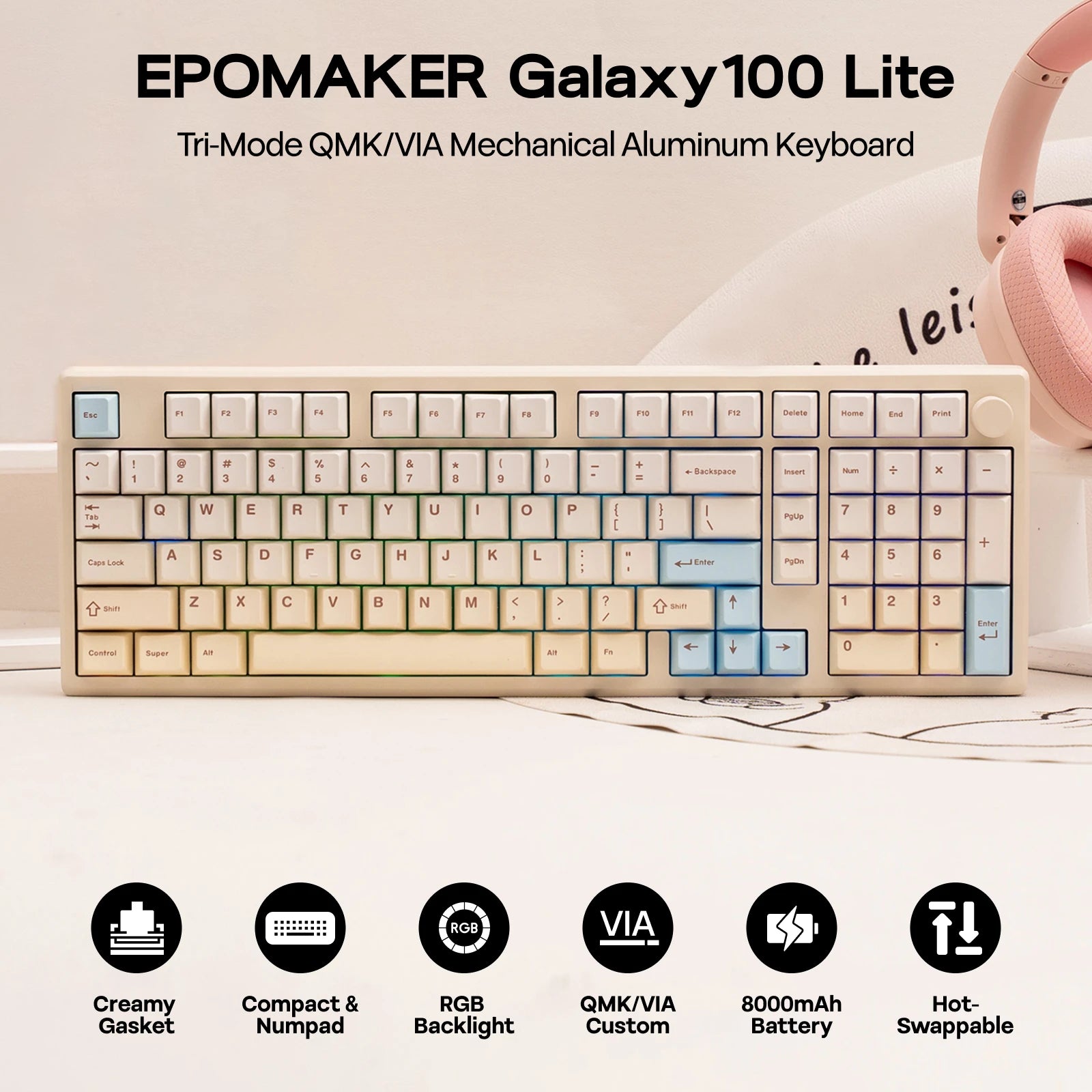 EPOMAKER Galaxy100 Lite QMK/VIA 96% ANSI US Layout Gasket Hot-Swap Wired/2.4GHz/BT Wireless 1800 Aluminum Mechanical Keyboard