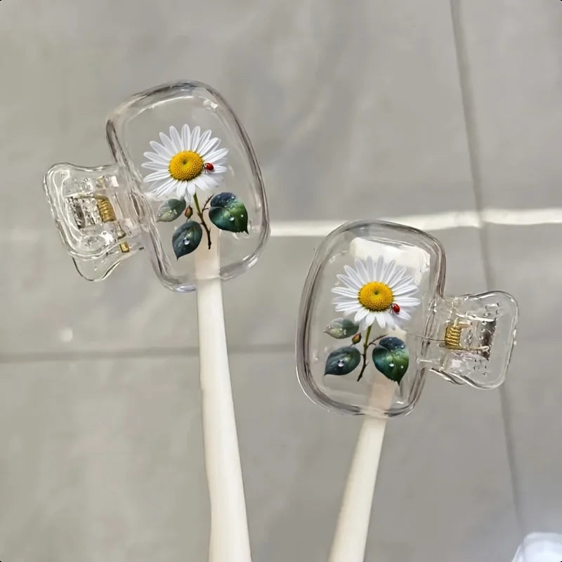 2pcs Travel Toothbrush Case Set, Portable & Dust-Proof, Daisy Design, Plastic with Cover, for Business Trips, Compact, Must-Have