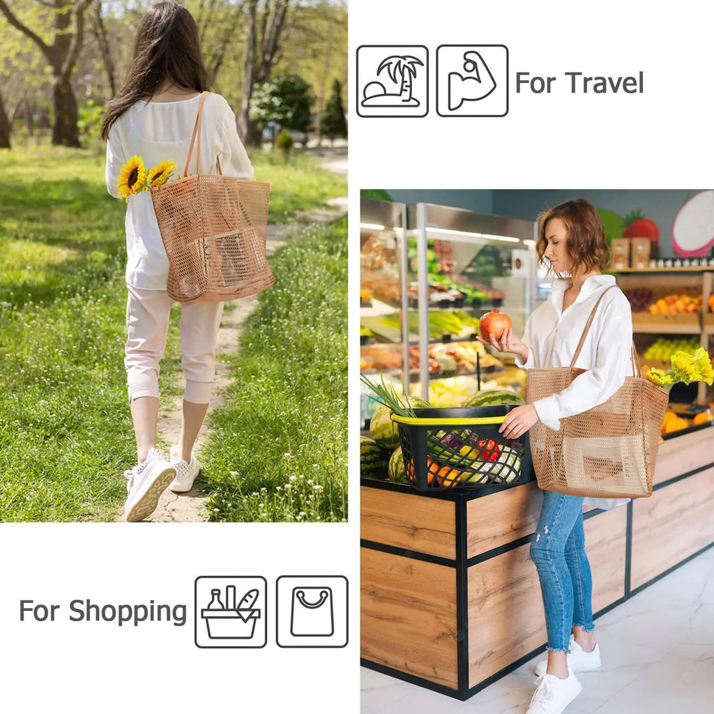 Large Capacity Mesh Beach Tote Bag Breathable Open Net Sand Drain Grocery Shopping Picnic Summer Shoulder Handbag for Women