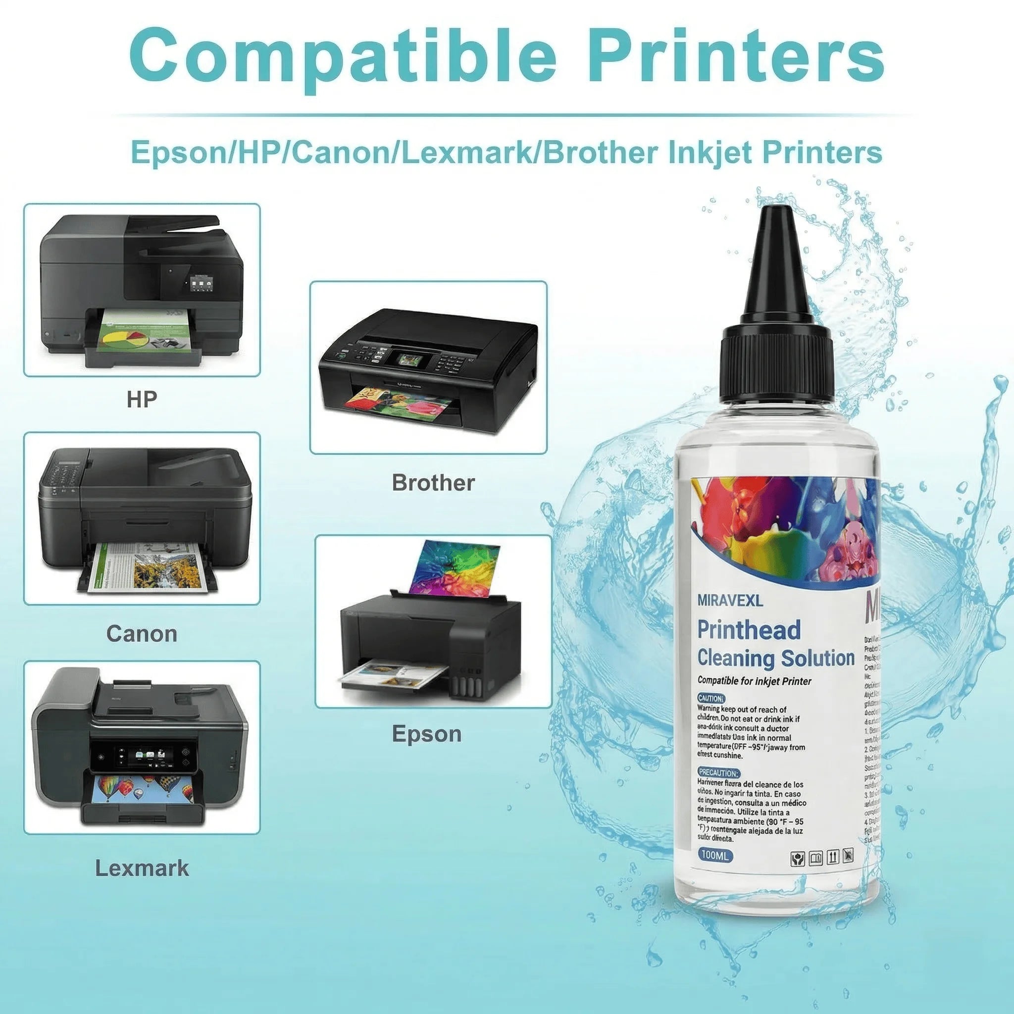 MIRAVEXL 100ml Printhead Cleaning Kit Liquid Solution for HP Epson Canon Brother Inkjet Printer Head Unclog Cleaner Repair Tool