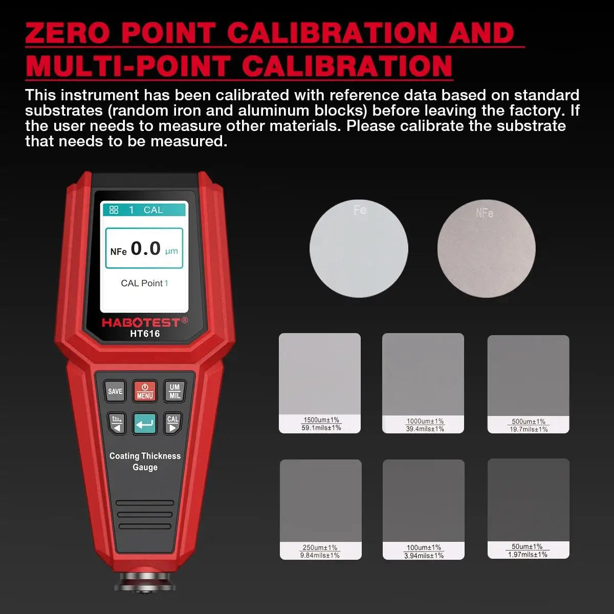 HABOTEST HT616 Car Coating Thickness Gauge 0-1500UM Car Film Paint Thickness Tester Measurement F/NF Automatic Calibration