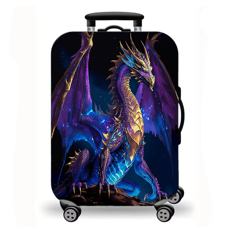 Luggage Cover, Fantasy Dragon Dinosaur Print Stretch Suitcase Protector, Medieval Castle Mythical Creature Travel Design