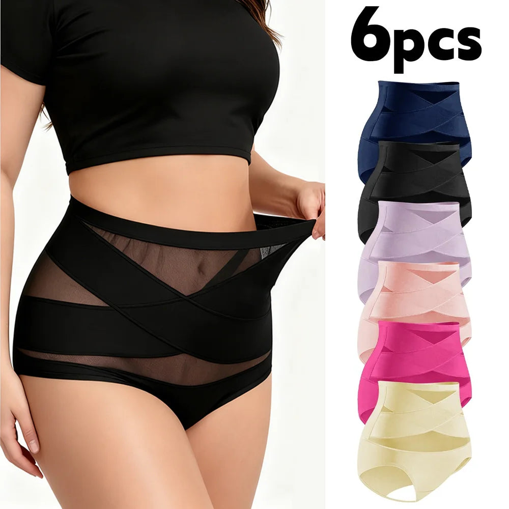 6pcs Plus Size High Waisted Tummy Tightening Ladies Panties Breathable Mesh Cross Hip Lifting Ice Silk Traceless Women's Panties