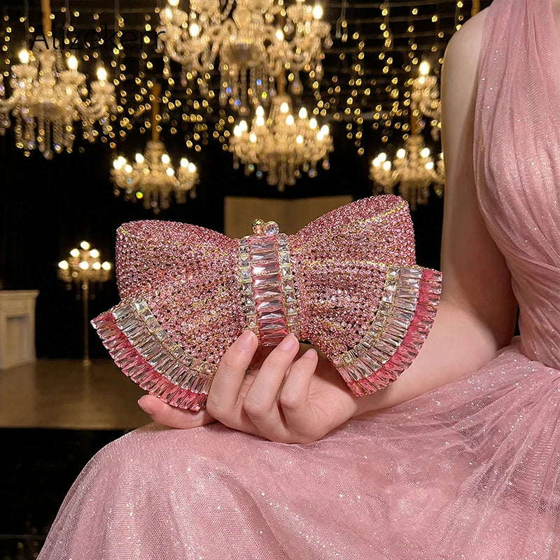 Alizekerr Bow Crystal Evening Bags Women Luxury Designer Boutique Metallic Rhinestone Clutch Purses And Handbags Wedding Party