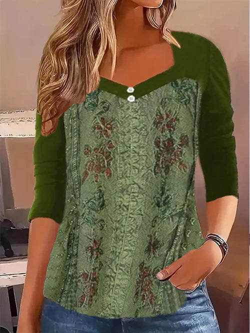 Women's east waist shirt, fashionable button print long-sleeved regular top, square neck casual spring and autumn clothing