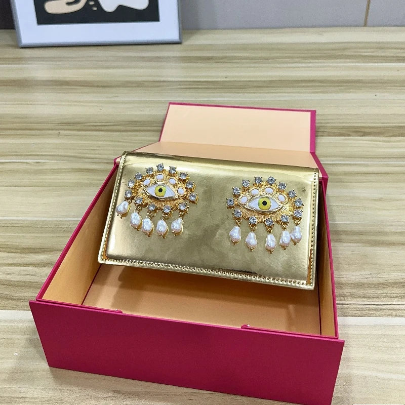 Luxury Designer Clutch Evening Bag Female High Quality Eye Motif Pearl Tassel Crystal Chain-Link Accents Elegant Shoulder Bag