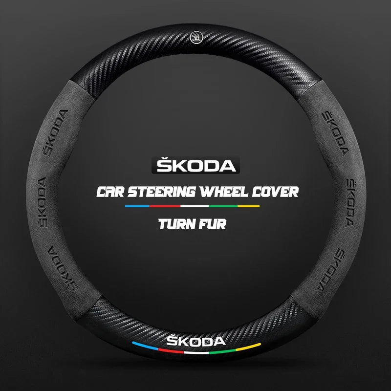 38CM suitable for Skoda Octavia Rapid Kodiaq Kamiq KAROQ carbon fiber suede car steering wheel cover accessories