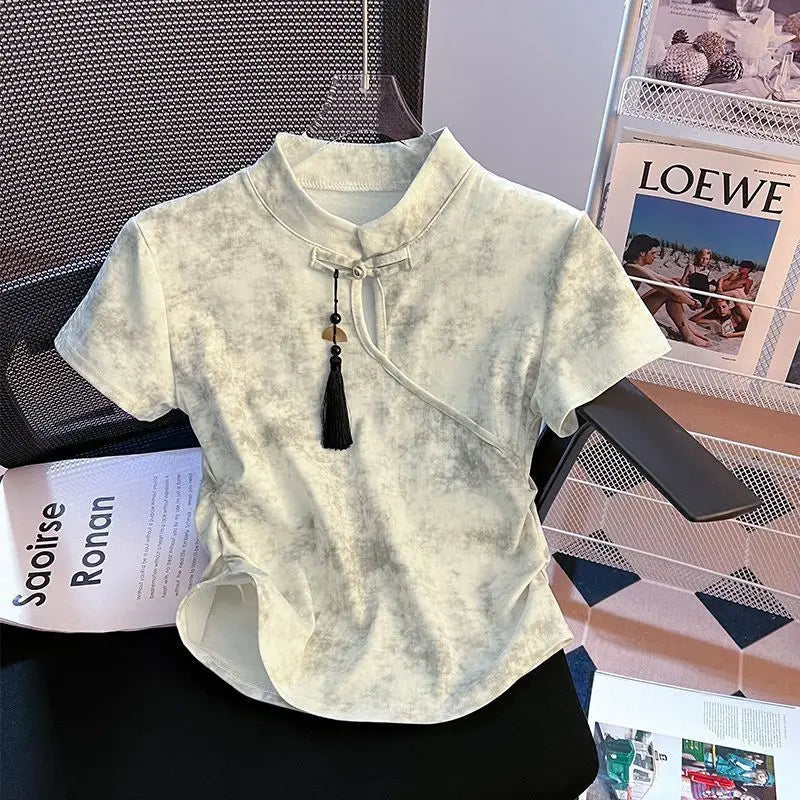 Plus-size women's summer new Chinese style versatile mandarin button tie-dye irregular fitted collar short-sleeve T-shirt