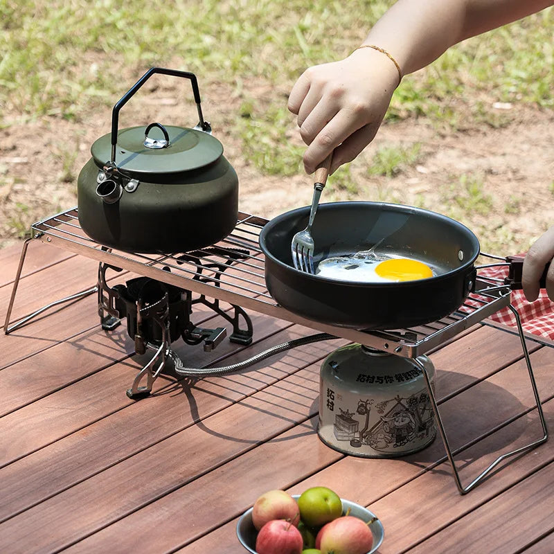 Stainless Steel Camp Stove Set -Folding Pot Rack & BBQ Grill Combo - Includes Kettle Bracket&Cooking Mesh for Outdoor Adventures