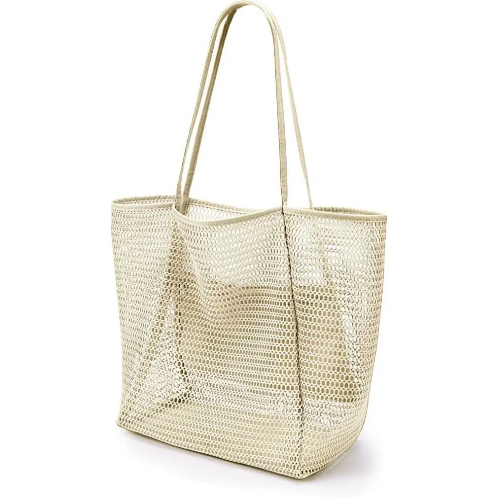1pcs Foldable Beach Bag with Mesh Net, Women's Shoulder Bag, Essential for Outdoor Travel and Leisure Activities