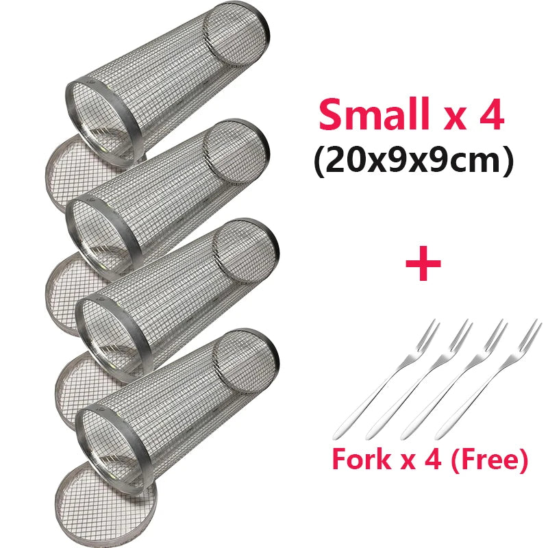 Rolling Grilling BBQ Basket Outdoor Picnic Camping Simple Cylindrical BBQ Grill Stainless Steel Leakproof Mesh Barbecue Rack