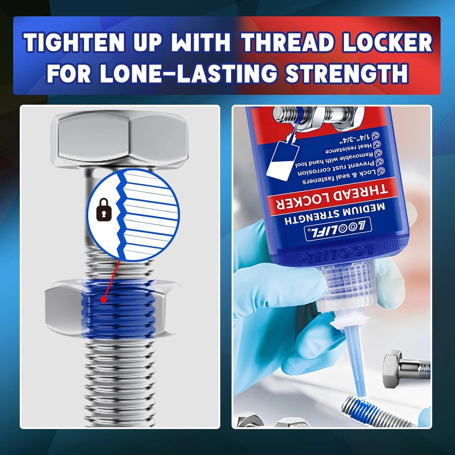 50ml Blue and red threaded locks, medium-strength threaded locks, nut, bolt, fastener, and metal threaded locks, oxygen-free curing screw adhesive to prevent loosening (blue and red)
