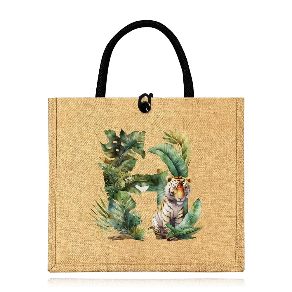 Flax Bag Fastener Handbag Organizer Storage Jute Tote Bags Imitation Cotton Women Valise Portable Jungle Tiger Printing Series