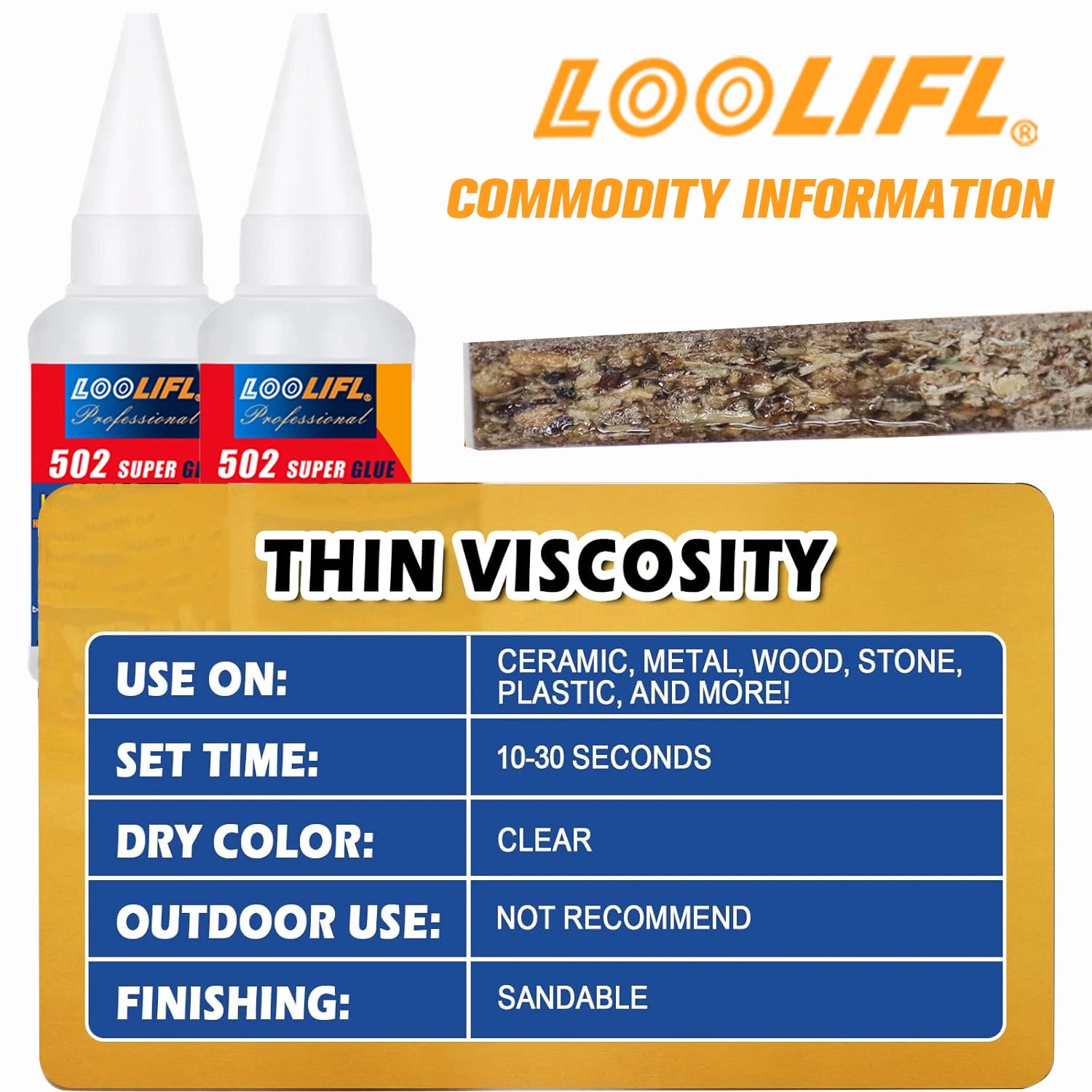 LOOLIFL- super cyanoacrylate strong glue, 10 seconds adhesion, waterproof, such as plastic, metal, wood, rubber, ceramics.