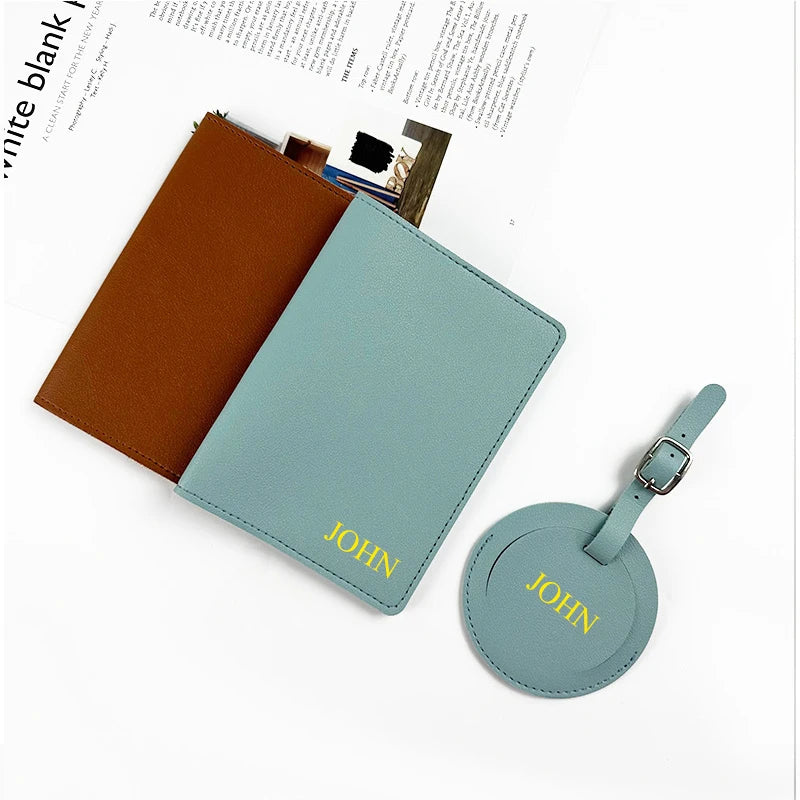 Custom Name Travel Passport Cover Round Luggage Tag Personalized Suitcase Label With Air-tag Bag PU Leather Luxury Dropship Gift
