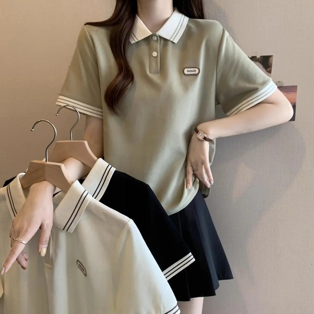 Summer Plus Size Women's New Arrival Color-Block College Style Loose Slimming Hiding Flesh Collar Short Sleeve T-Shirt