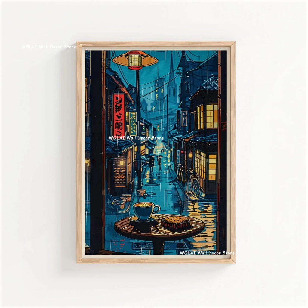Anime Cafe Shop and Bicycle Canvas Poster Ghibli Work Anime Style Street Cafe Scene Wall Art Printing for Living Room Home Decor