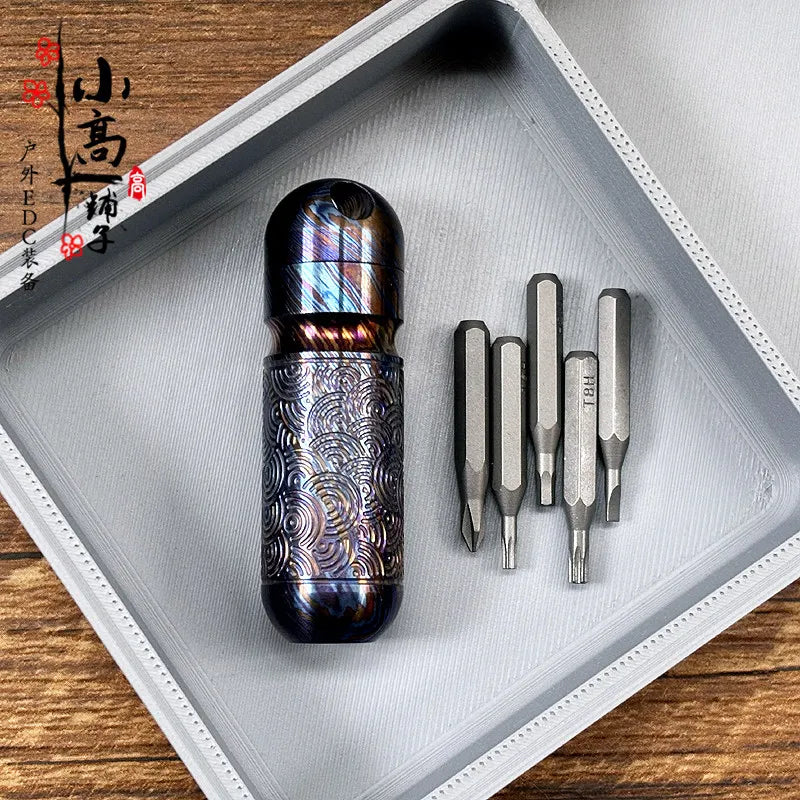 Titanium Damascus EDC Multi-Tool | Portable Screwdriver Bit Holder & Waterproof Canister