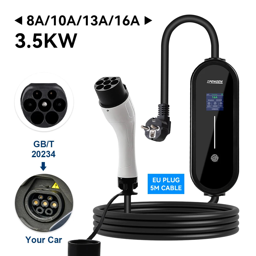 IPENGEN 3.5KW Portable EV Charger 5M Cable Type2 IEC62196/ GB/T Connector 16A 1Phase Type1 Wallbox Charging for Electric Vehicle