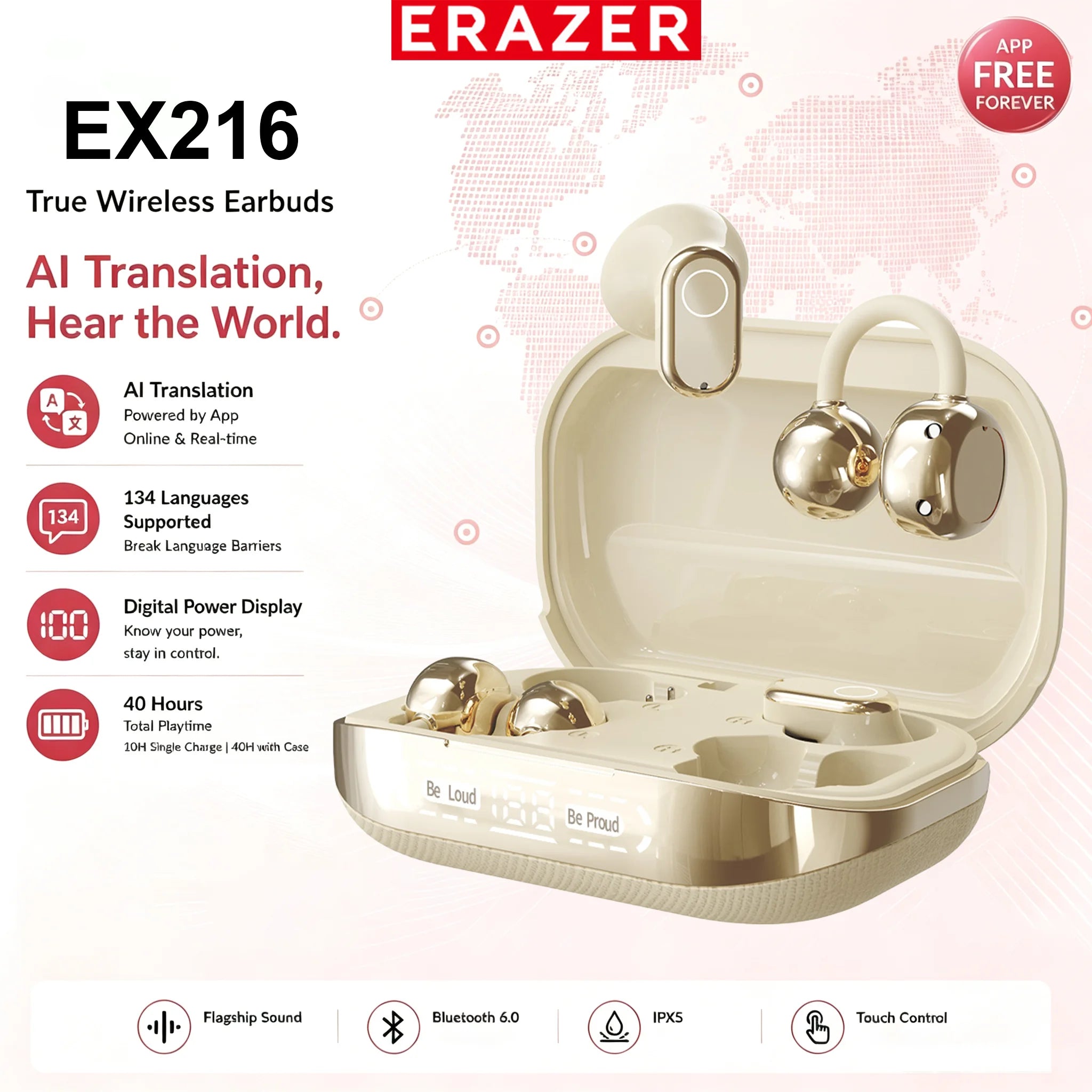 Erazer EX216 Soft Bluetooth Earphones 135 Language AI translator Earbuds Type-C Low Latency New 2-in-1 Wireless Headphones