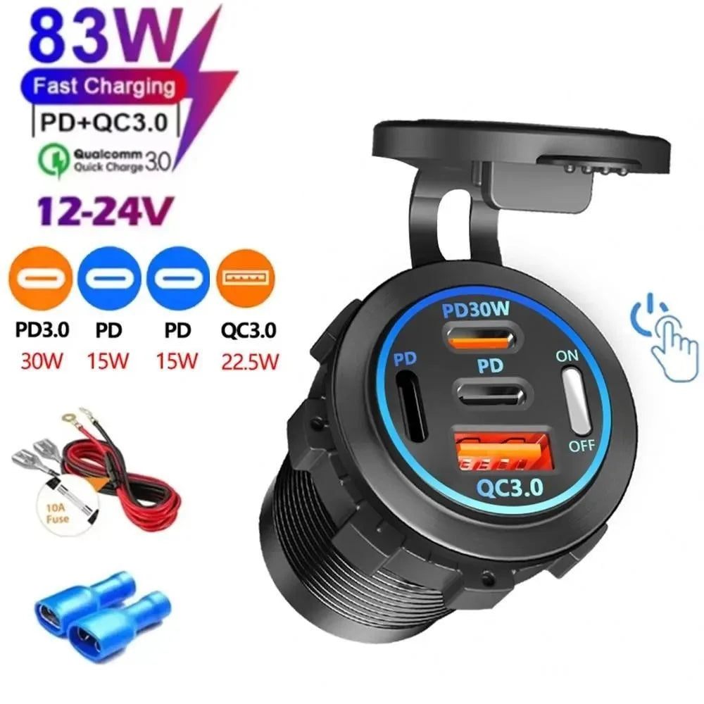 4-Port Motorcycle Modified Cigarette Lighter Socket, QC3.0 & PD30W Super Fast Charger with Switch, 12-24V Universal for Car