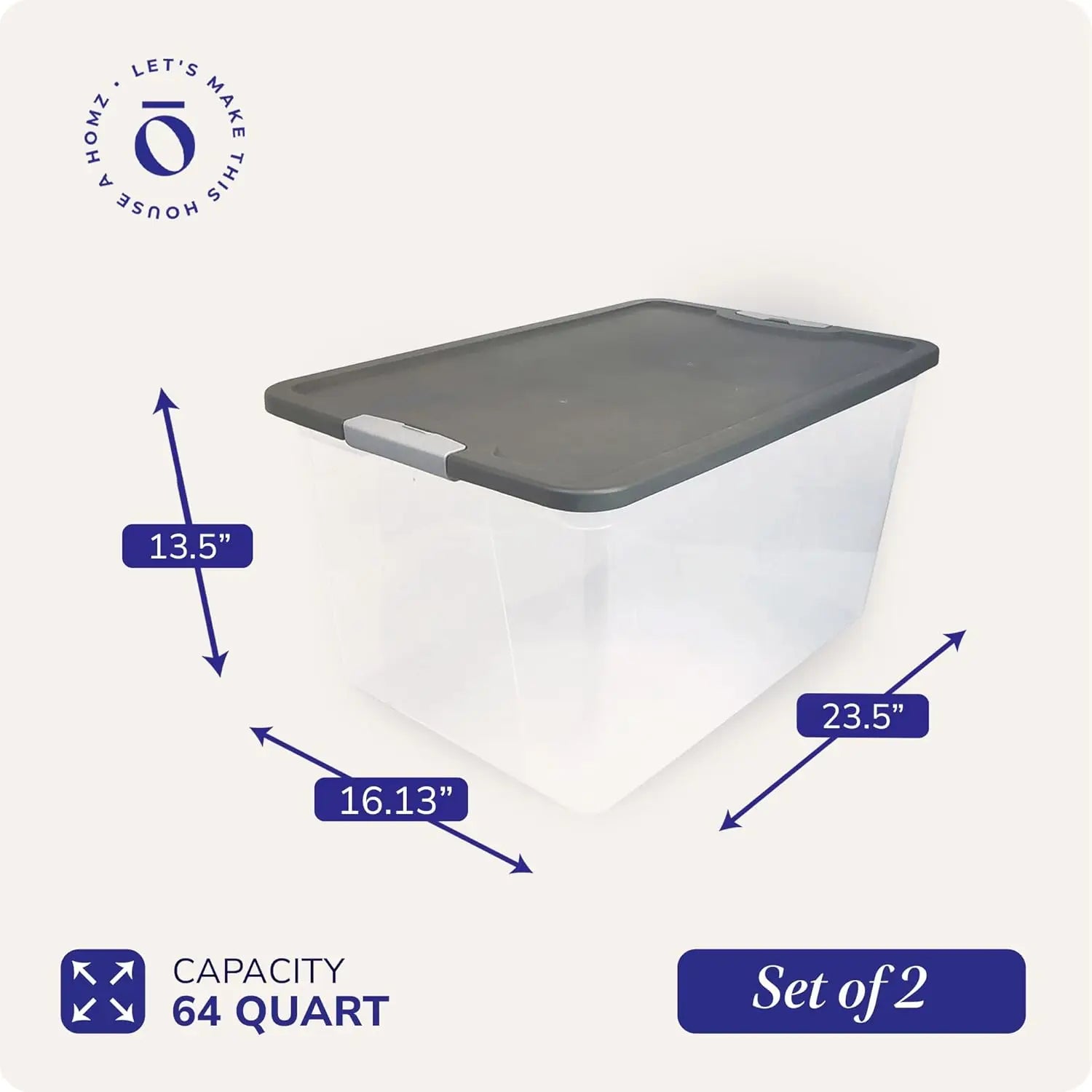 2-Pack Secure Latch, Clear Plastic Storage Organizer Bins, 64 Quart, Gray Lid - Heavy-Duty Container Boxes with Lids for Home, Office, and Garage
